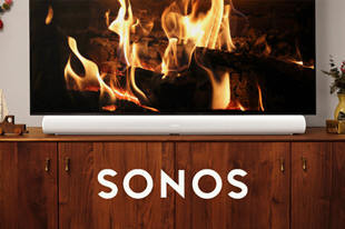 Sonos beam sound system in front of a fireplace